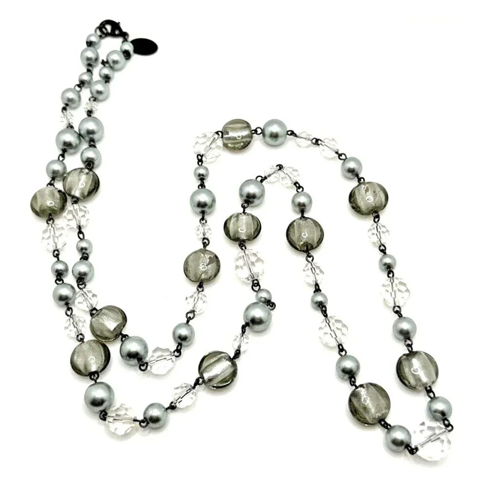 White House Black Market Station Necklace Gray Clear Glass Bead Long 35